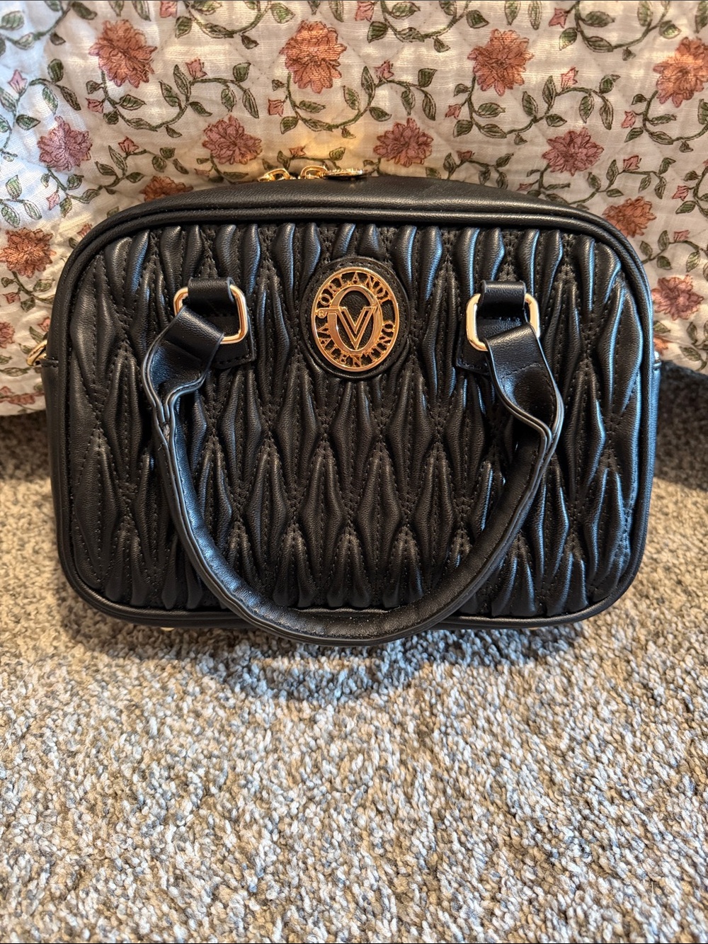 Black Quilted Top-Handle Women's Bag with Gold Accent